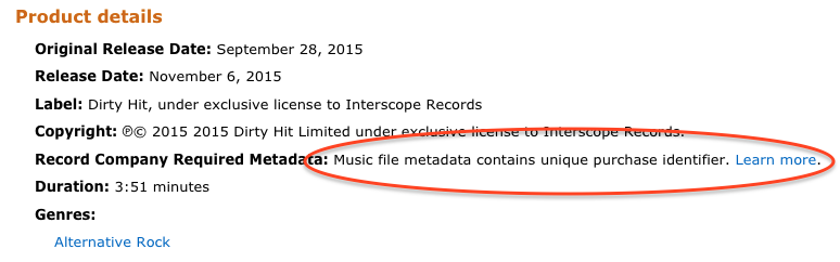 Music file metadata contains unique purchase identifier.