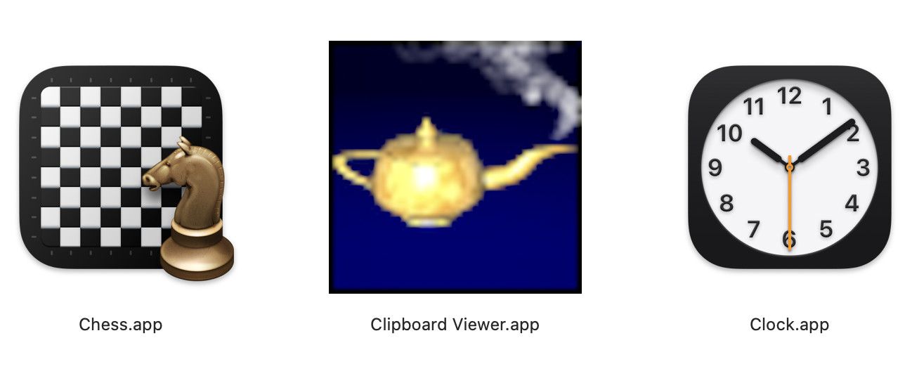 A collection of three application icons. From left to right: The first icon shows a chessboard with a knight piece, representing Apple’s chess application. The second icon features a golden lamp with smoke trailing from its spout, signifying Apple’s Clipboard Viewer application. The third icon displays a simple clock face with hands indicating ten past ten, symbolizing Apple’s clock application.