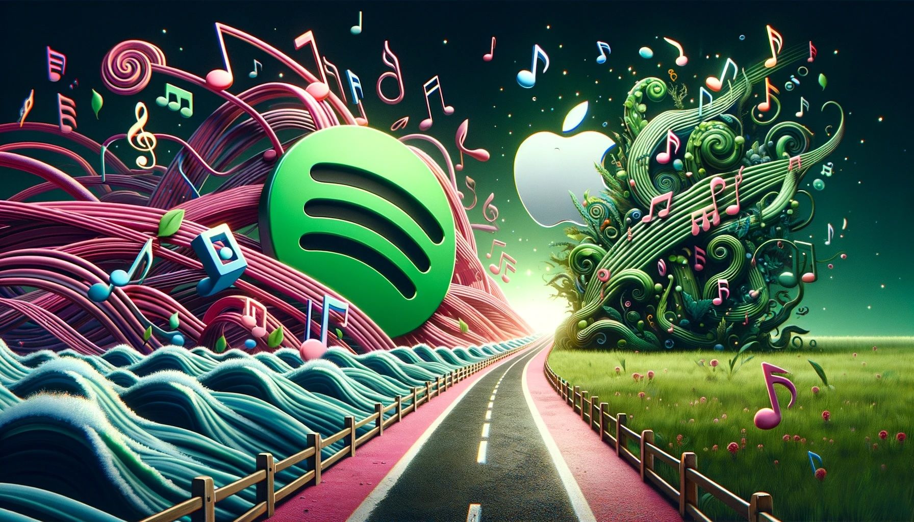 Road from a Spotify-themed side to an Apple Music-infused landscape, symbolizing a switch between services.
