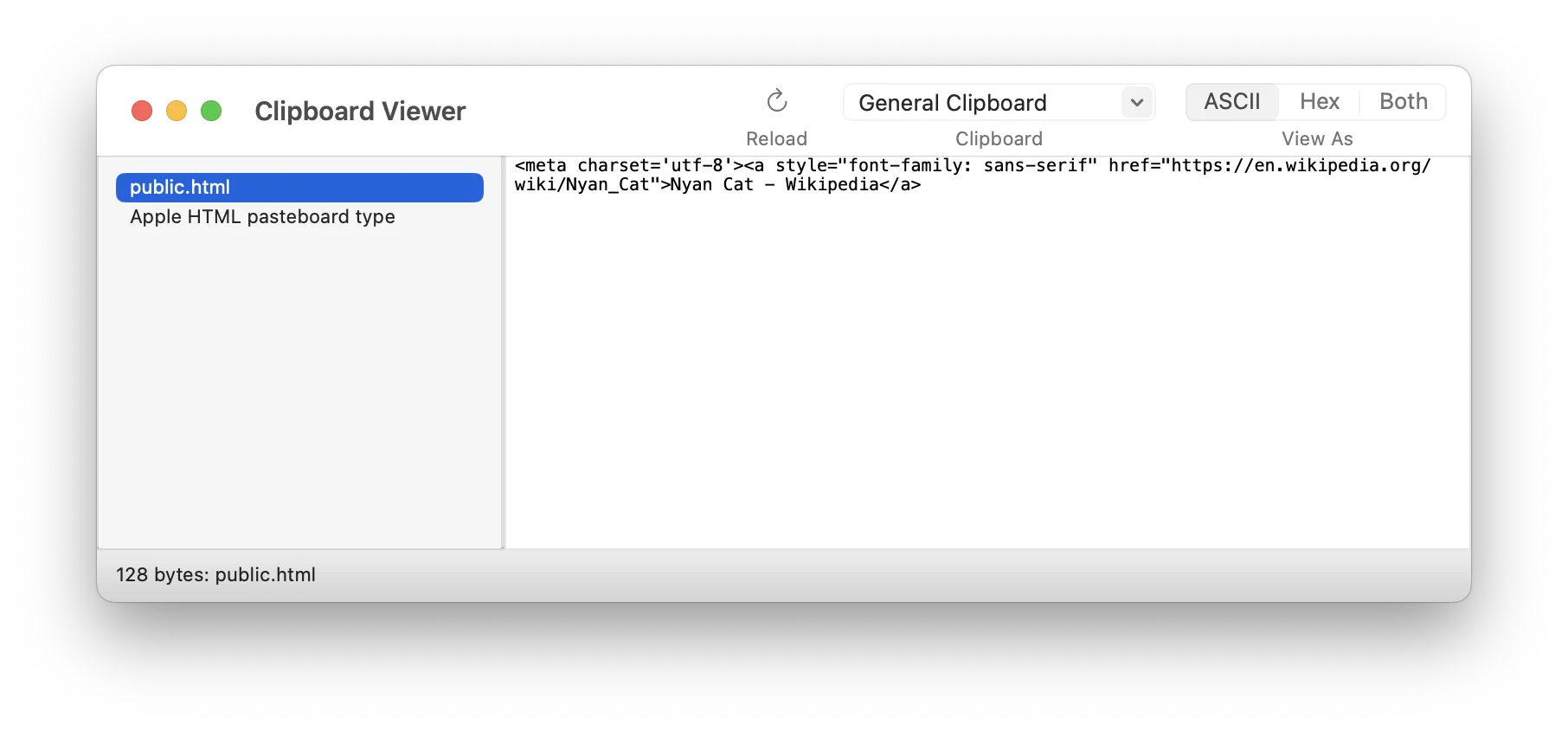 Clipboard Viewer showing public.html and Apple HTML pasteboard type, containing a link to the Nyan Cat Wikipedia page.
