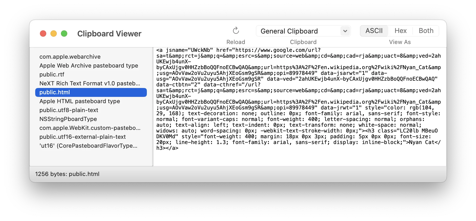 Clipboard Viewer with public.html data type selected and many other data types available.