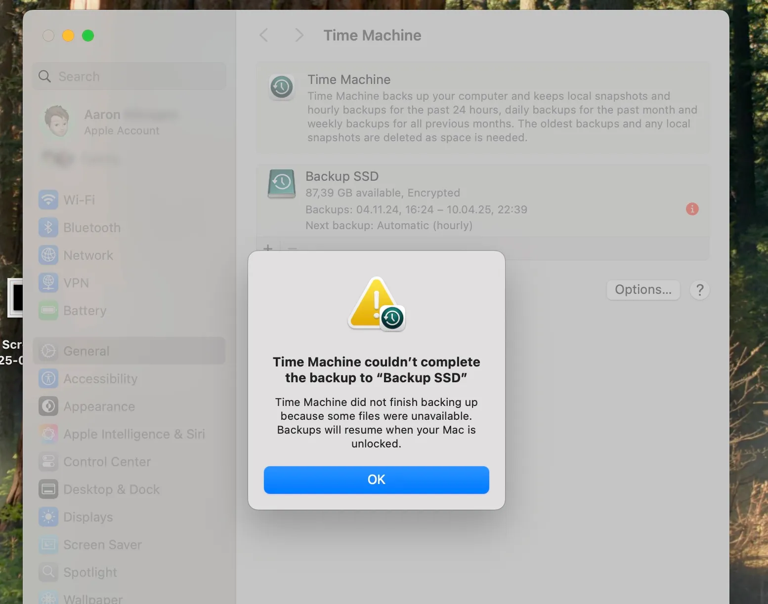 Time Machine couldn't complete the backup to "Backup SSD" Time Machine did not finish backing up because some files were unavailable. Backups will resume when your Mac is unlocked.